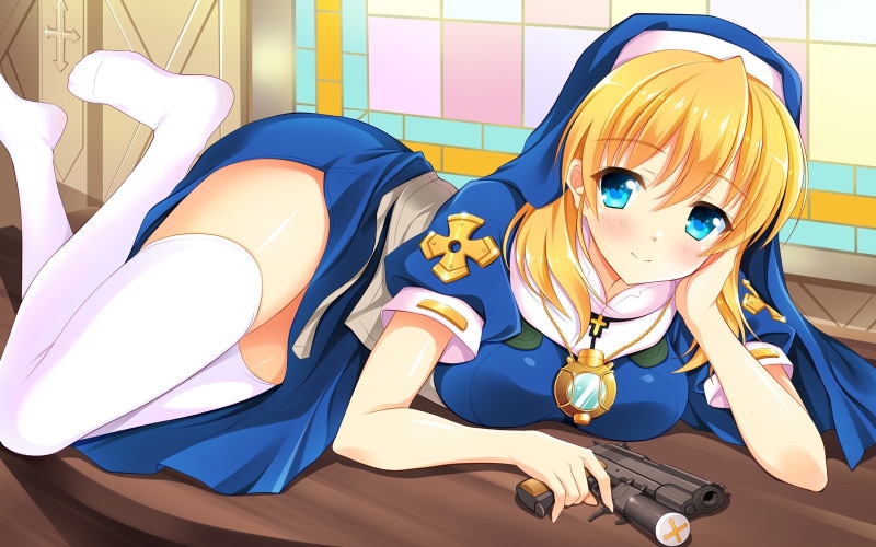 chrono, konachan, christopher, chenyue, nun, 262144, bashen, thighhighs, hair, necklace, weapon, headdress, rosette, eyes, blonde, gun, cross, aqua, com