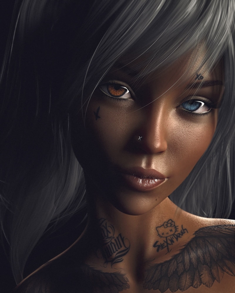 portrait, Max Twain, front view, hairstyle, black background, women, tattoo, adult, headshot, human body part, individuality, human face, heterochromia