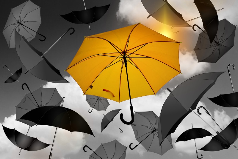 hanging, nature, diversity, attitude to life, security, safety, faith, yellow, rain, outdoors, together, atmosphere, many, umbrella, sky, creativity, screen