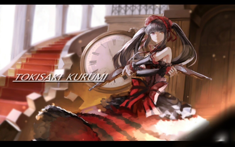 human representation, Tokisaki Kurumi, holding, 720P, gun, Date A Live, waist up, one person, indoors, young adult, stairs, fashion, selective focus