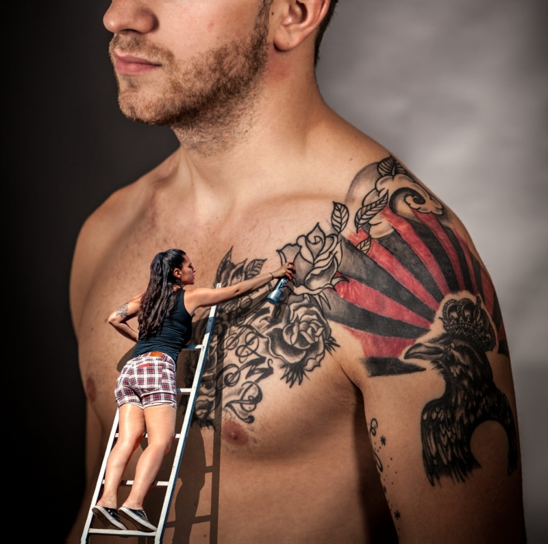 young men, painting, young adult, midsection, woman, body adornment, facial hair, chest, men, standing, 1080P, wall, knife - weapon, shirtless, s, indoors