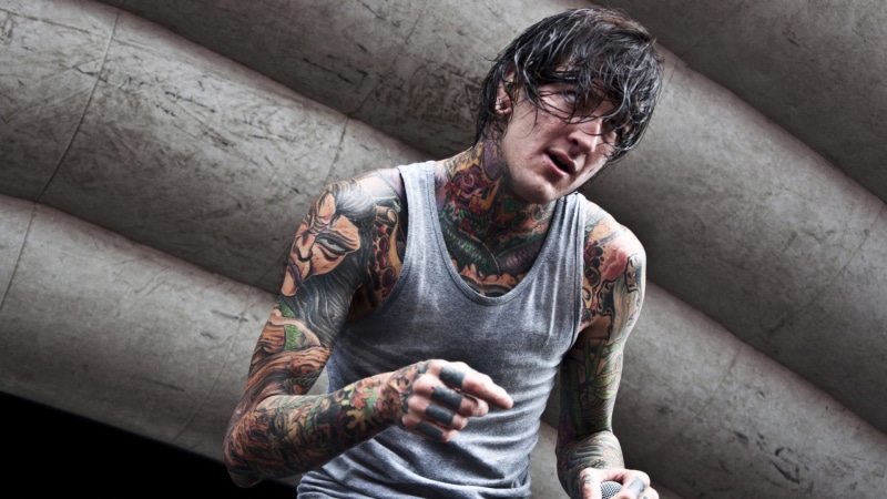 individuality, beard, casual clothing, waist up, looking, sport, facial hair, suicide silence mitch lucker, tattoo, front view, lifestyles, indoors, one person