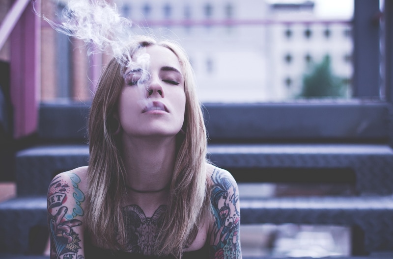 closed eyes, blonde, nose rings, Caucasian, smoke, smoking, women, pierced nose, tattoo, 1080P