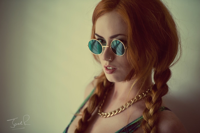 dyed red hair, Jack Russell, looking away, 2K, sunglasses, redhead, women with glasses, girls, contemplation, women, indoors, Jenny OSullivan, headshot