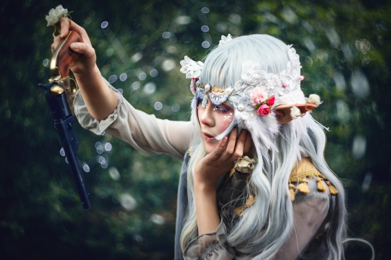 long hair, holding, portrait, 1080P, hairstyle, day, nature, revolver, hair, young adult, adult, young women, lifestyles, Kieran Kerrigan, weapon, fantasy girl