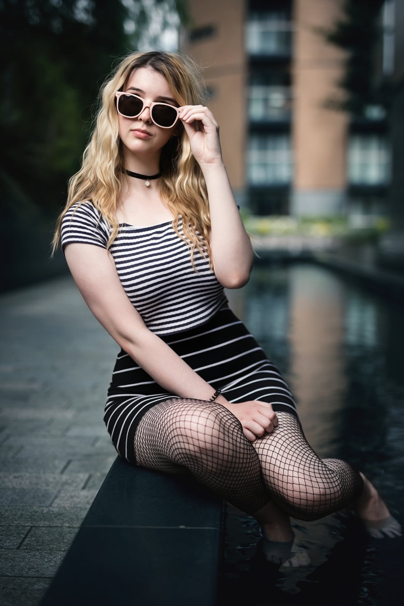 striped, women, young adult, 1080P, adult, hair, Kieran Kerrigan, 500px, fashion, beautiful woman, long hair, mini dress, young women, water, beautiful people