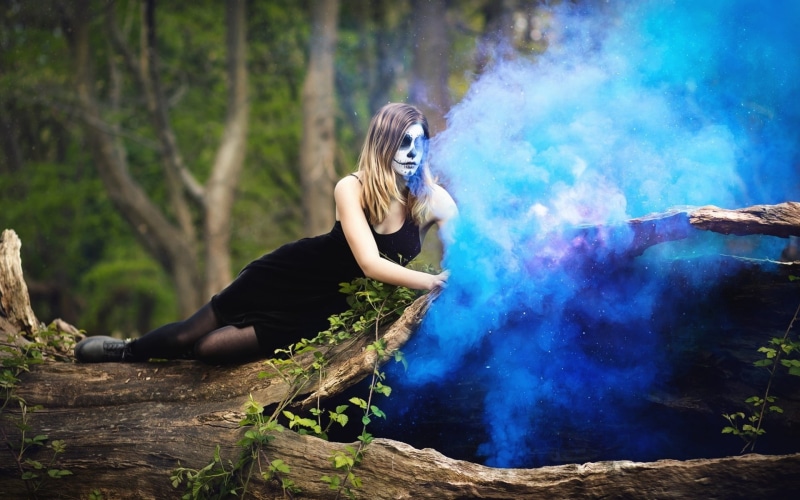 blue, model, smoke, women outdoors, 1080P, fantasy girl, makeup, Kieran Kerrigan, women, wood, 500px