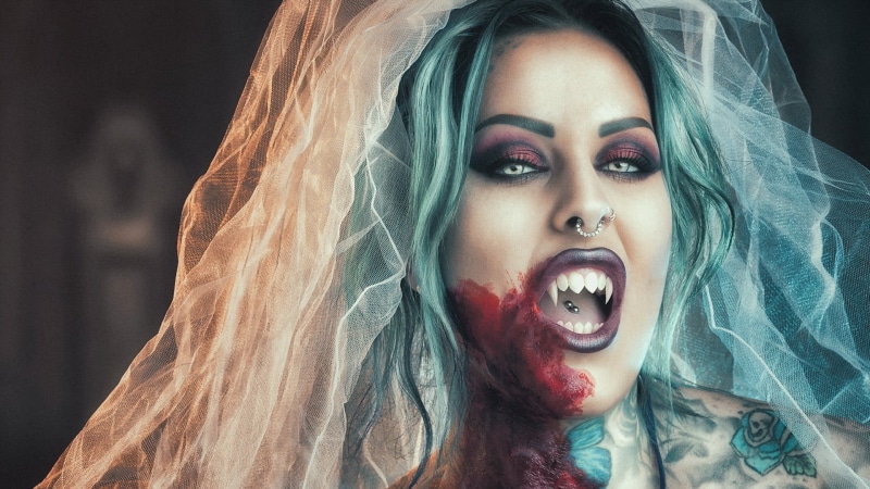 evil, nose rings, young adult, fear, portrait, human face, headshot, vampires, lipstick, spooky, long hair, adult, mouth open, 1080P, beautiful woman
