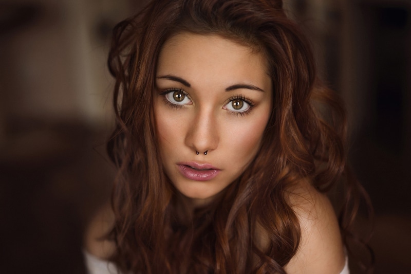 make-up, long hair, portrait, one person, face, model, body part, beauty, front view, nose rings, close-up, beautiful people, brown hair, young adult, women
