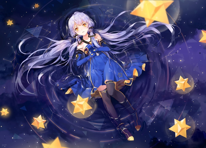 blue, Vocaloid, night, glass - material, representation, close-up, purple, digital composite, art and craft, human representation, Anime, Stardust (Vocaloid)