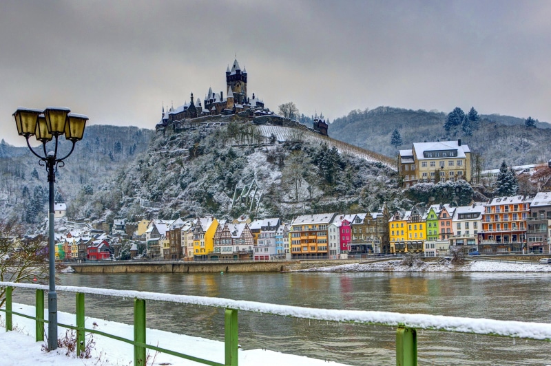 river, Cochem, fortress, house, castle, lights, Burg, snow, winter, germany, 2K