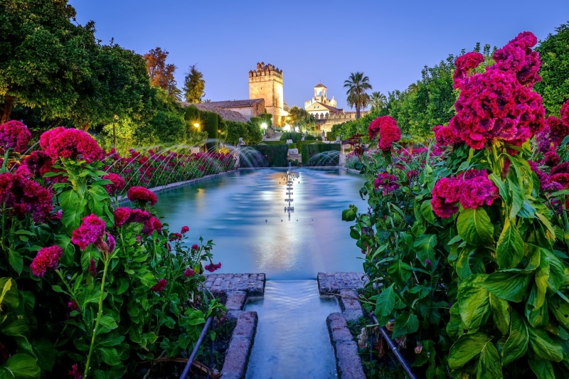 body, Spain, Cordoba, petaled, pink, fortress, 1080P, Andalusia, flowers, water, The alcazar of the Christian Kings, The alcázar de Los Reyes Cristianos