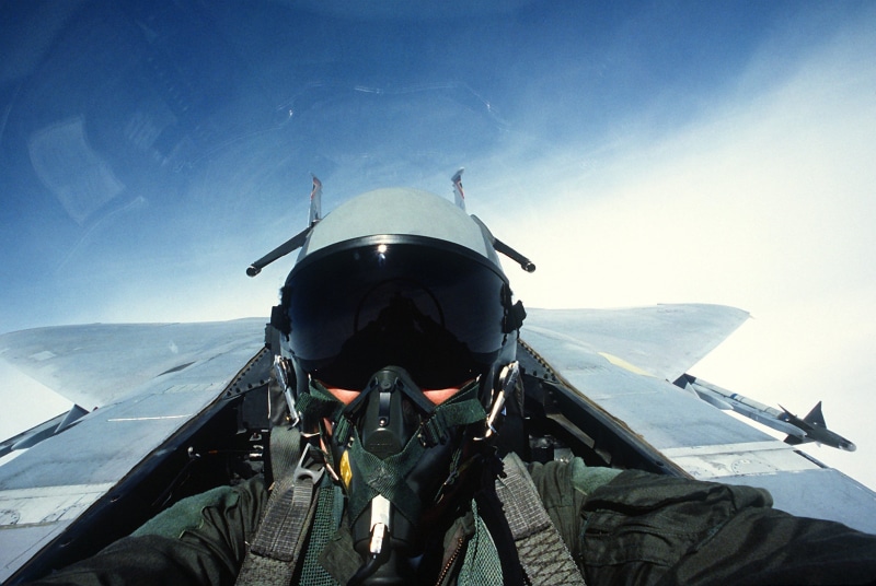 aerospace industry, airplane, air vehicle, aircraft, daytime, air force, fighter plane, plane, front view, pilot, fly, uniform, one person, helm, adult
