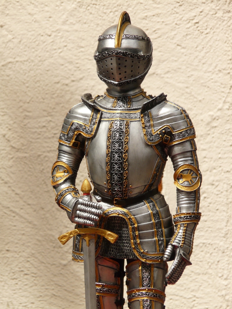ritterruestung, man, helm, old, military, security, knight, armor, indoors, gold, figurine, suit of armor, armour, castle, middle ages, exhibition, creativity