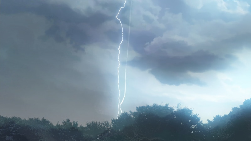 outdoors, scenics - nature, power in nature, sky, thunderstorm, forked lightning, no people, nature, plant, power, anime, 1080P, tree, Makoto Shinkai
