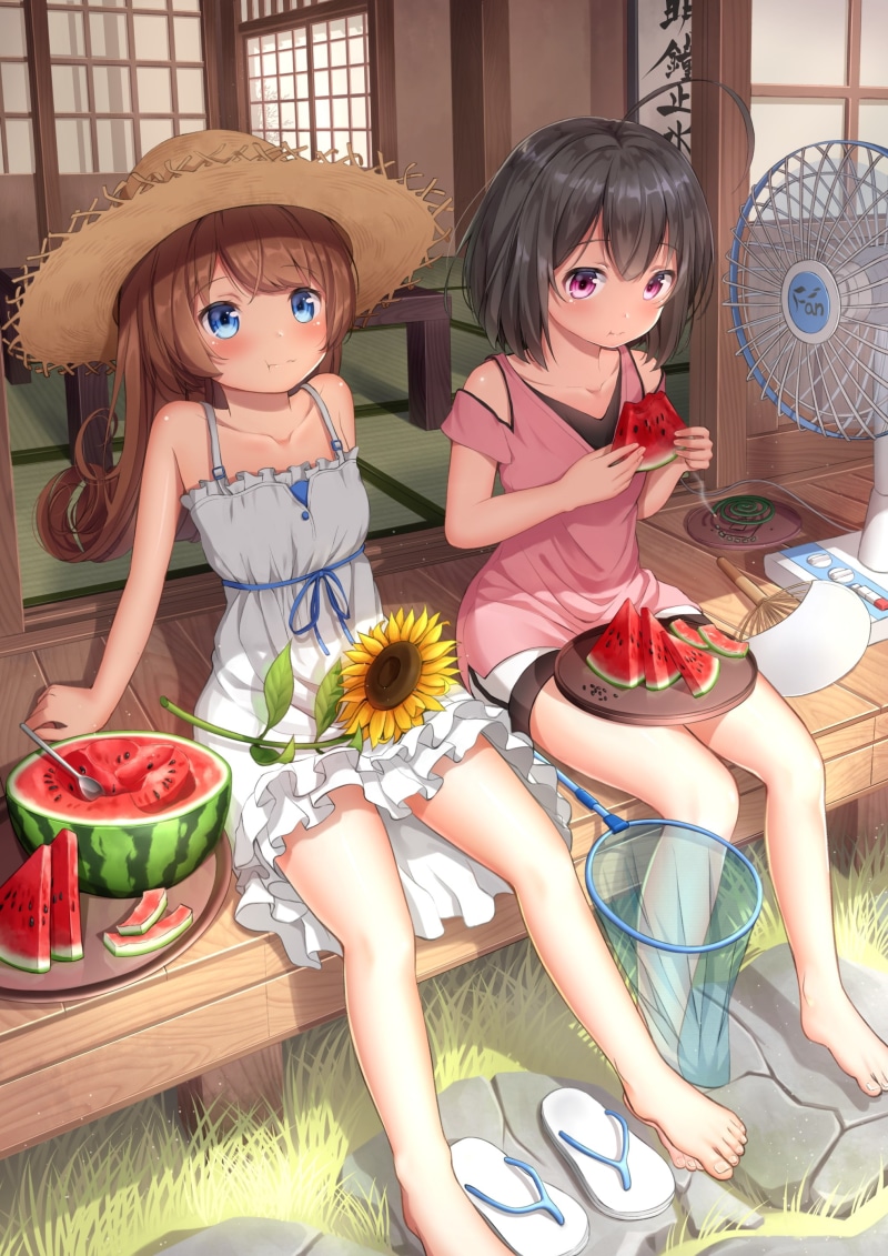 food and drink, looking at camera, sandals, summer, child, lifestyles, portrait, fan, 2K, two people, indoors, childhood, females, food, smiling, teenager