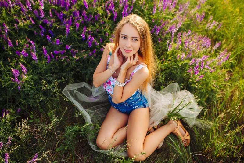purple, flower, flowering plant, outdoors, smiling, women, looking at camera, sandals, 2K, lifestyles, beautiful woman, portrait, hair, long hair, young women