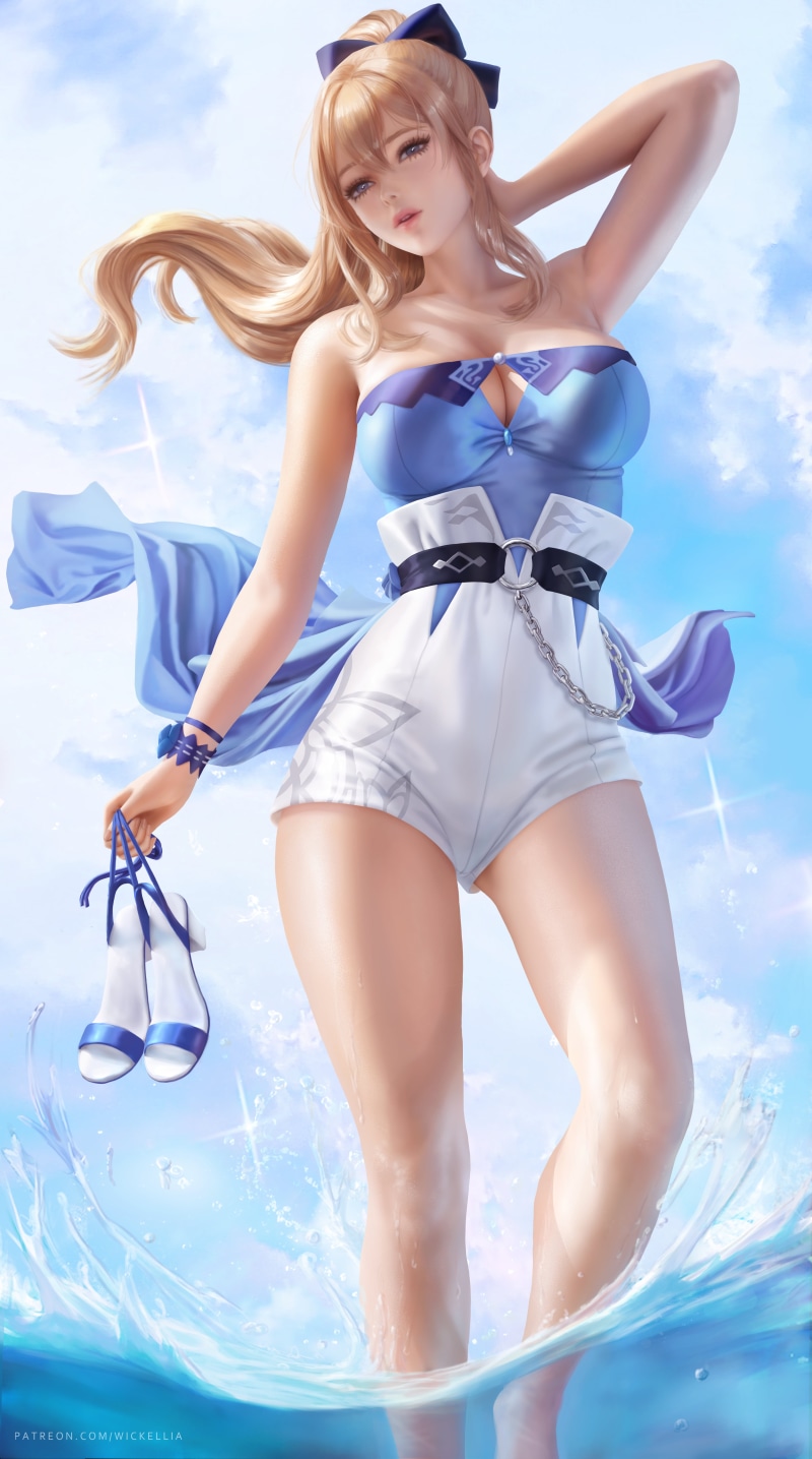 video games, Jean (Genshin Impact), clouds, artwork, vertical, short shorts, portrait display, Wickellia, sky, blue tops, looking at viewer, fan art, 5K