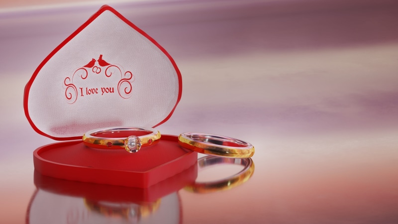red, wedding, engagement, no people, heart shape, 4K, gold colored, love, communication, jewelry, 3d, engagement ring, gift, studio shot, gold, emotion