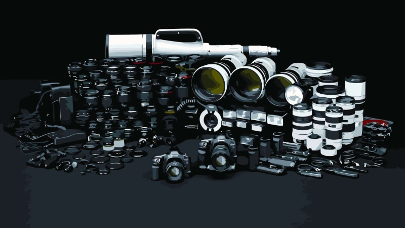 1080P, canon, painted, hd, lot, camera, gear, strobe, lenses, flash, dslr, painting