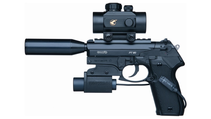 Cal. 4.5mm, automatic, Gamo, PT80, silencer, customization, scope, tactical weapon, damper noise, black, custom pistol, beautiful design, gun, 1080P, tactical pistol