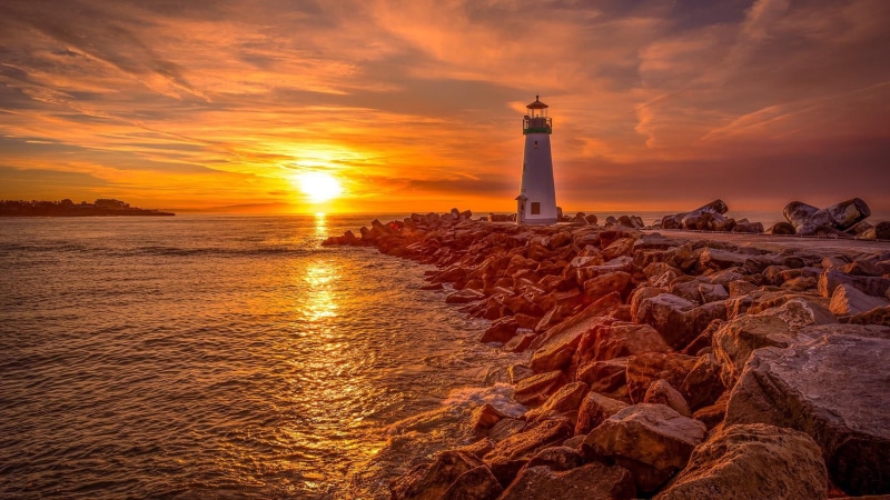 horizon, cloud - sky, sunset, building, guidance, protection, shore, santa cruz, sea, united states, 1080P, sunrise, land, direction, security, sun, usa