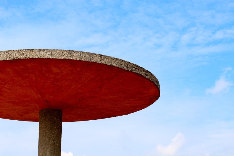 blue, close-up, red, food, bauhaus, pole, metal, wood - material, grain house, outdoors, lighting equipment, nature, low angle view, architecture, no people