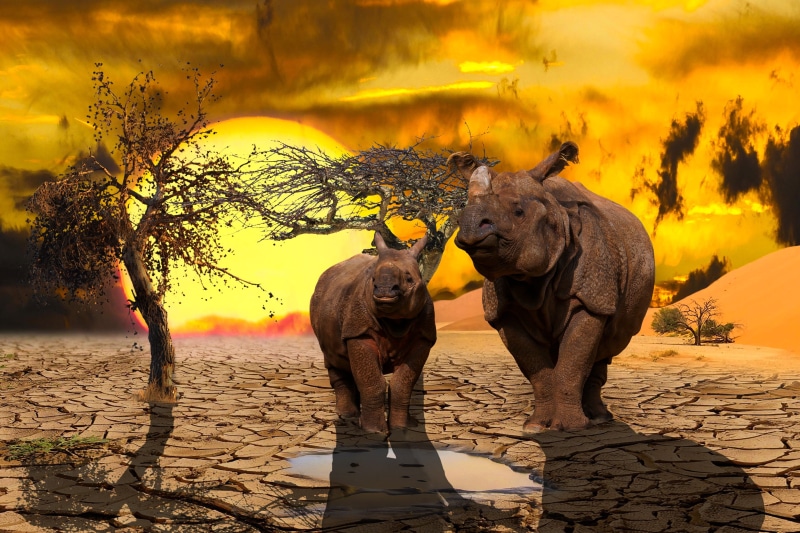 no people, sky, plant, climate protection, sun, animals, group of animals, mammal, animal wildlife, day, rhino, animal themes, two animals, 2K, vertebrate