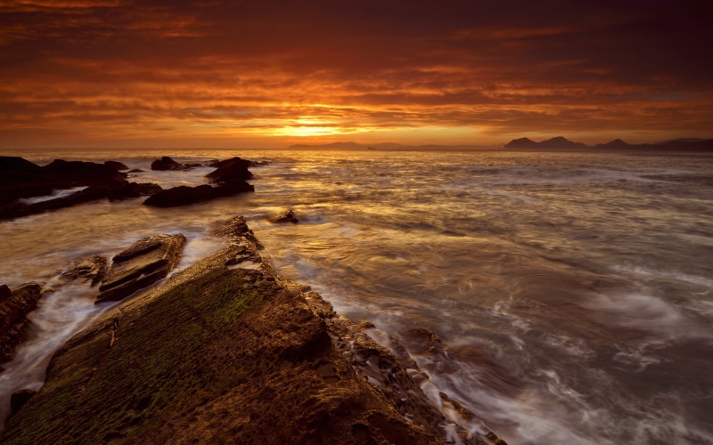 morning, orange color, stony, waters Edge, cloud - Sky, landscape, dusk, cloudscape, horizon Over Water, sky, coastline, seascape, blue, water, protected