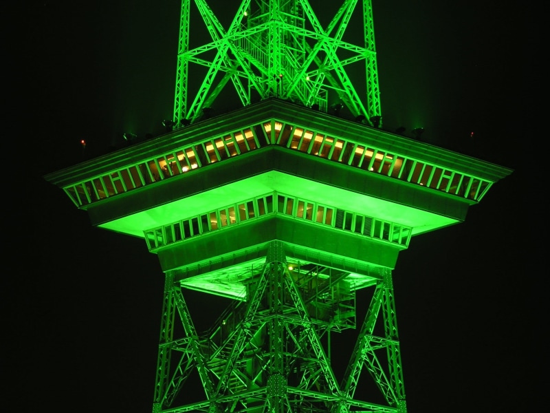 low angle view, green color, steel, communication, 1080P, nightlife, beams, built structure, tourism, architecture, neon light, creativity, illuminated