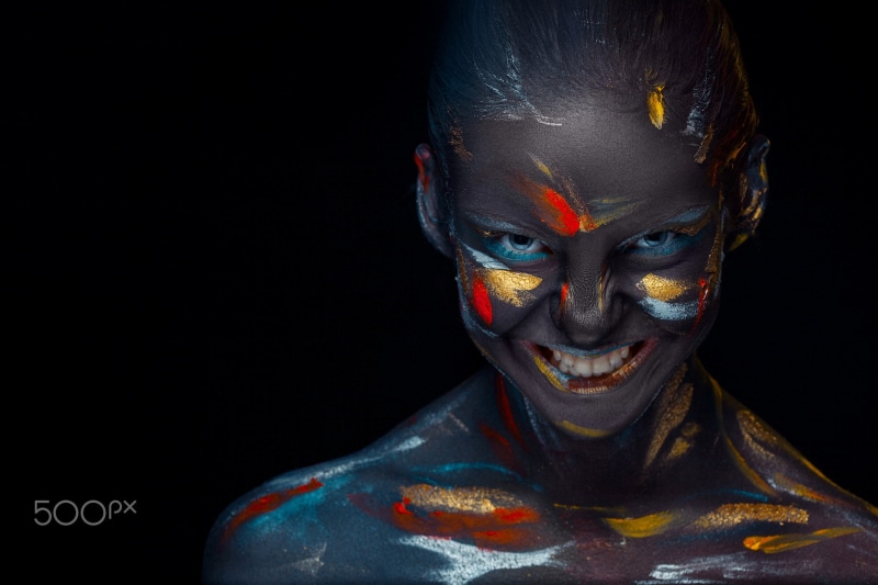 colorful, 1080P, face, teeth, dark, body paint, Volodymyr Melnyk, women