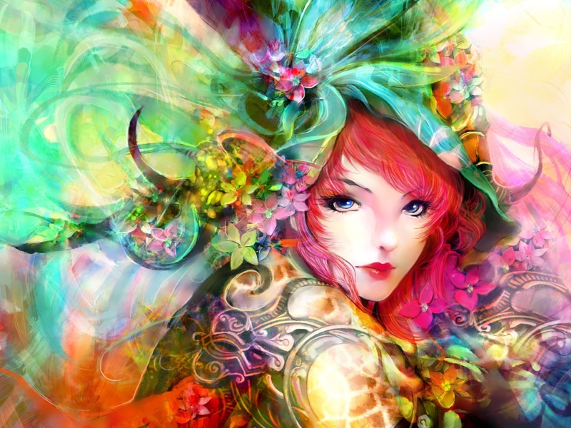 Girl, Art, Red, Eyes, Painting, Colorful, Flowers, 2K, Face, Hair