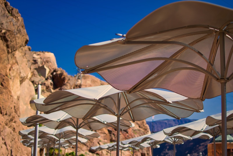 sky, solid, hoover dam, shade tree, outside, outdoors, nevada, blue, uv protection, sun protection, summer, low angle view, clear sky, plant, rock - object