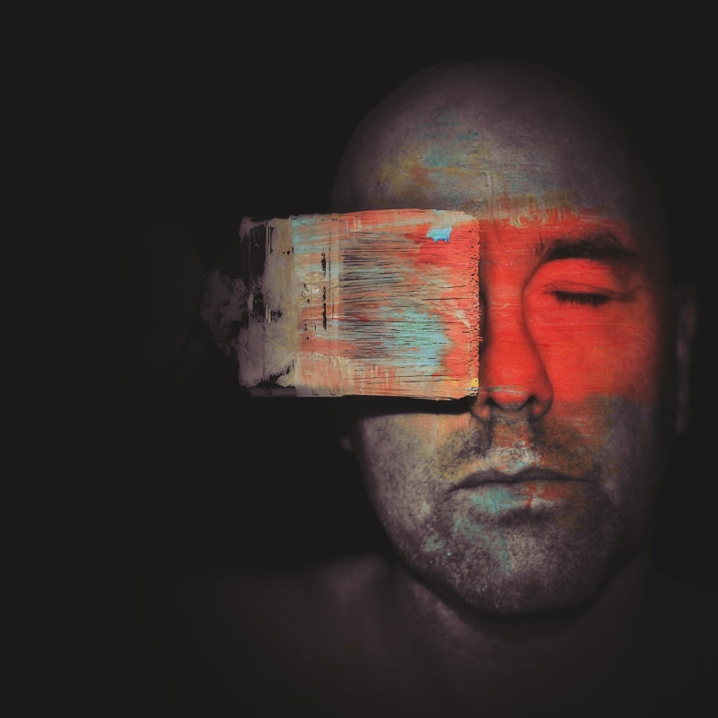 one person, painting, indoors, digital composite, black background, motif, draw, close, headshot, paint, only men, young adult, face, man, portrait, brush