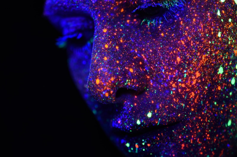 adult, adults only, painted, paint, face, illuminated, person, man, headshot, one young woman only, human lips, blue, multi colored, glow, guy, young adult