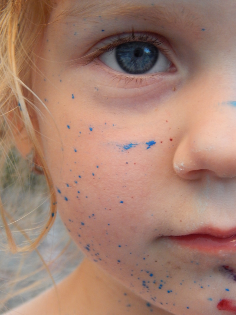 pre-adolescent child, colors, blond hair, paint, blue, games, freckle, face, childhood, close-up, body part, portrait, looking at camera, headshot, human face