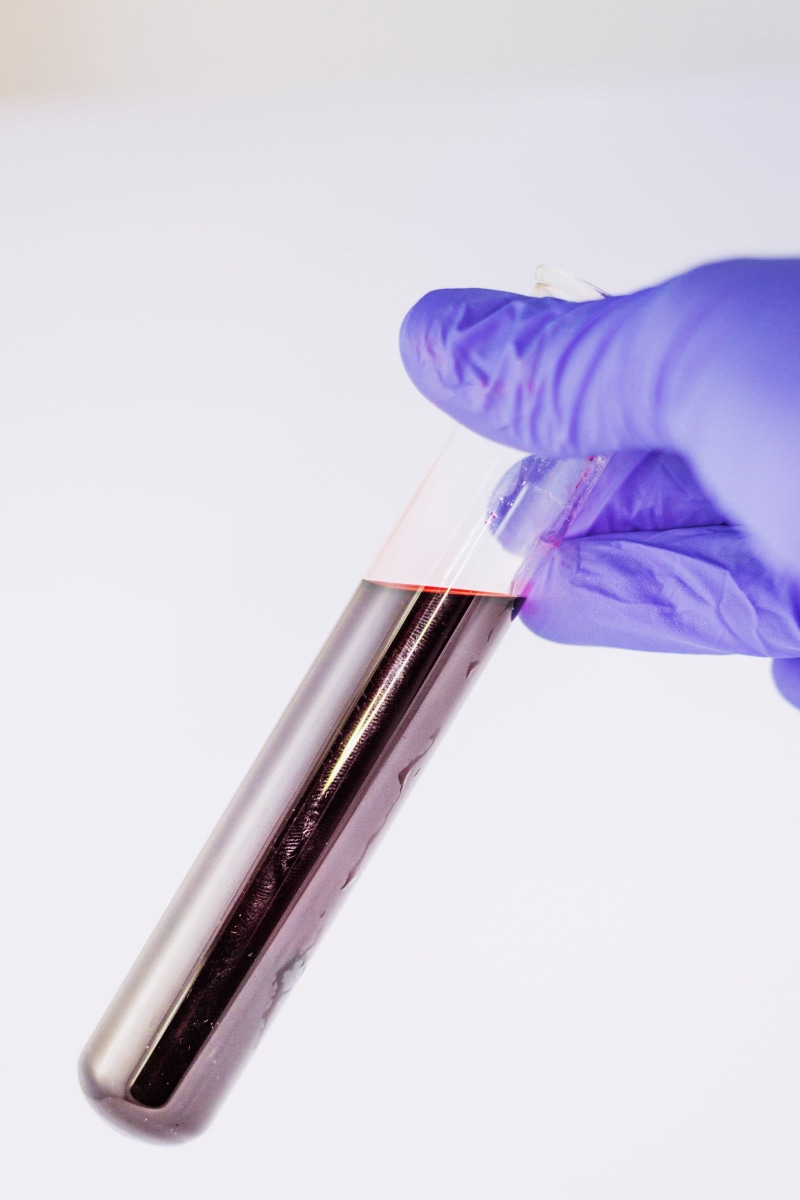 paintbrush, tube, test, unrecognizable person, finger, brush, one person, 4K, copy space, hand, blood, purple, protective Glove, laboratory, rubber, white background