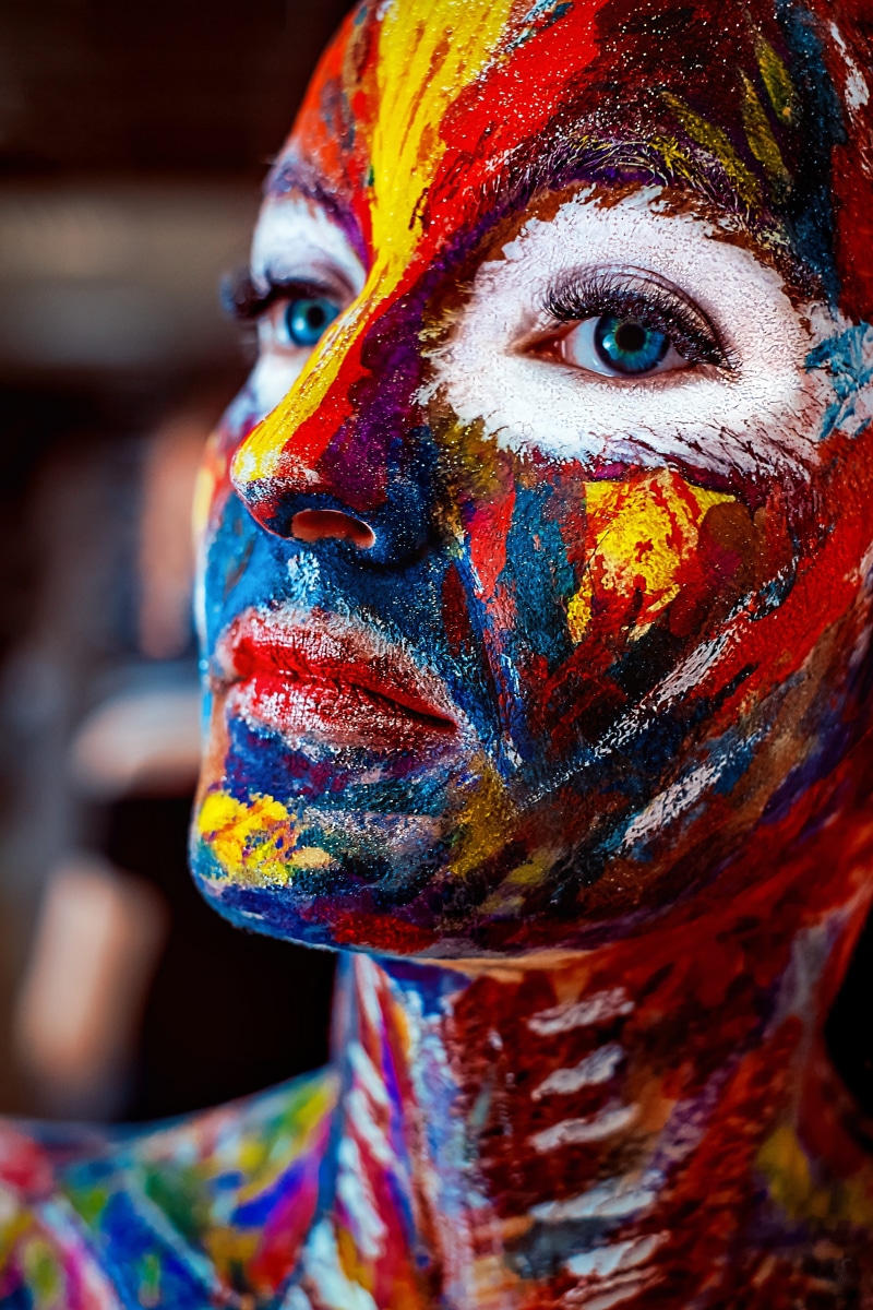 adult, macro, makeup, face, holi, front view, bright, close-up, juicy, headshot, eyed, focus on foreground, human body part, color, painted, model, face paint