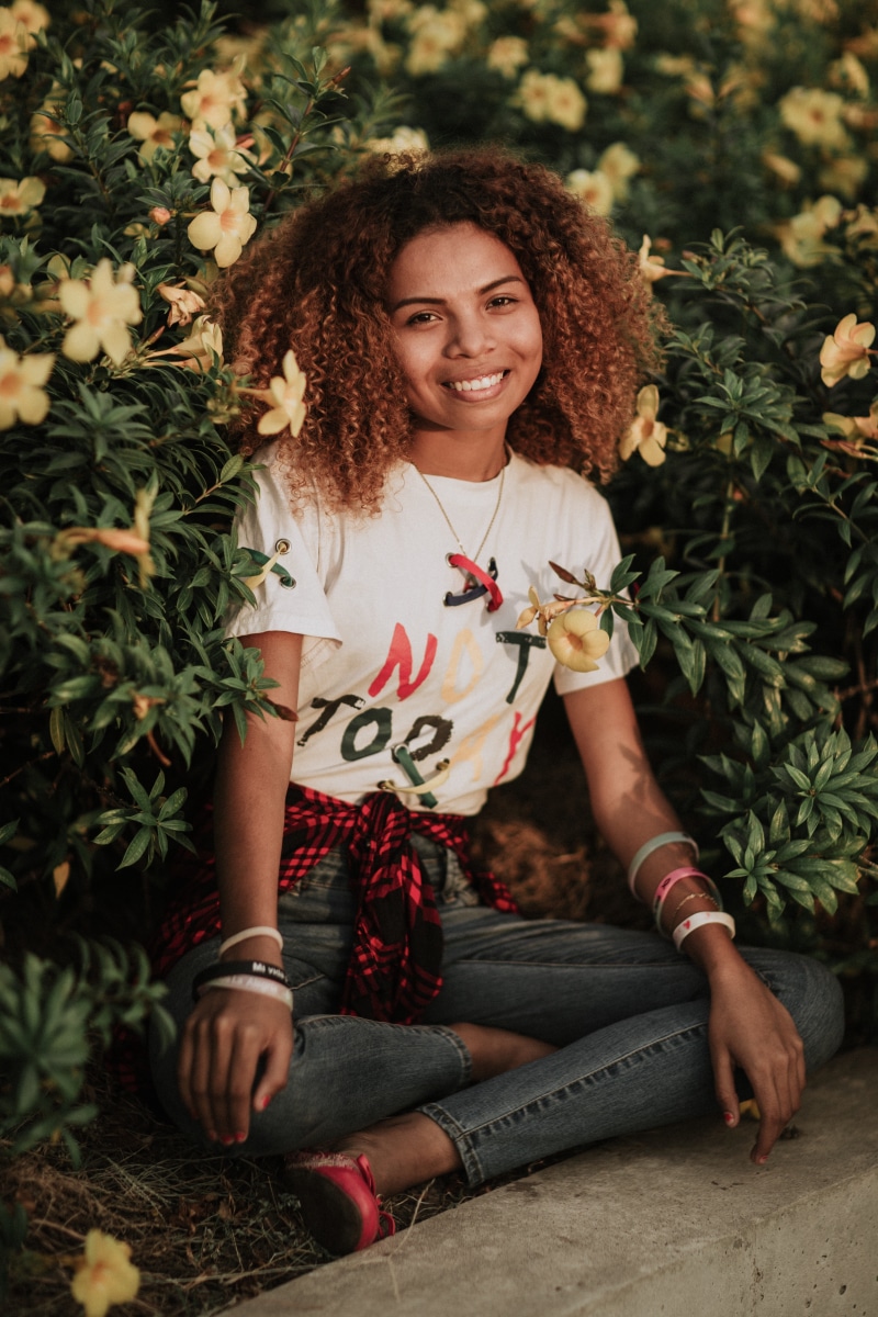 young woman, plant, happiness, daylight, human, one person, lifestyles, close-up, girl, green, hands, pretty, leisure activity, wear, portrait, blue, near