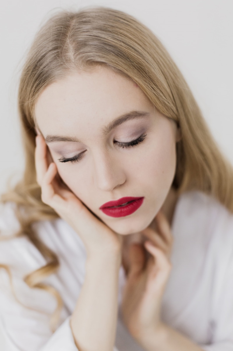 indoors, elegant, lips, studio shot, 4K, beautiful woman, person, pose, posing, model, red lipstick, close-up, hair, headshot, fashion, eyes closed, white