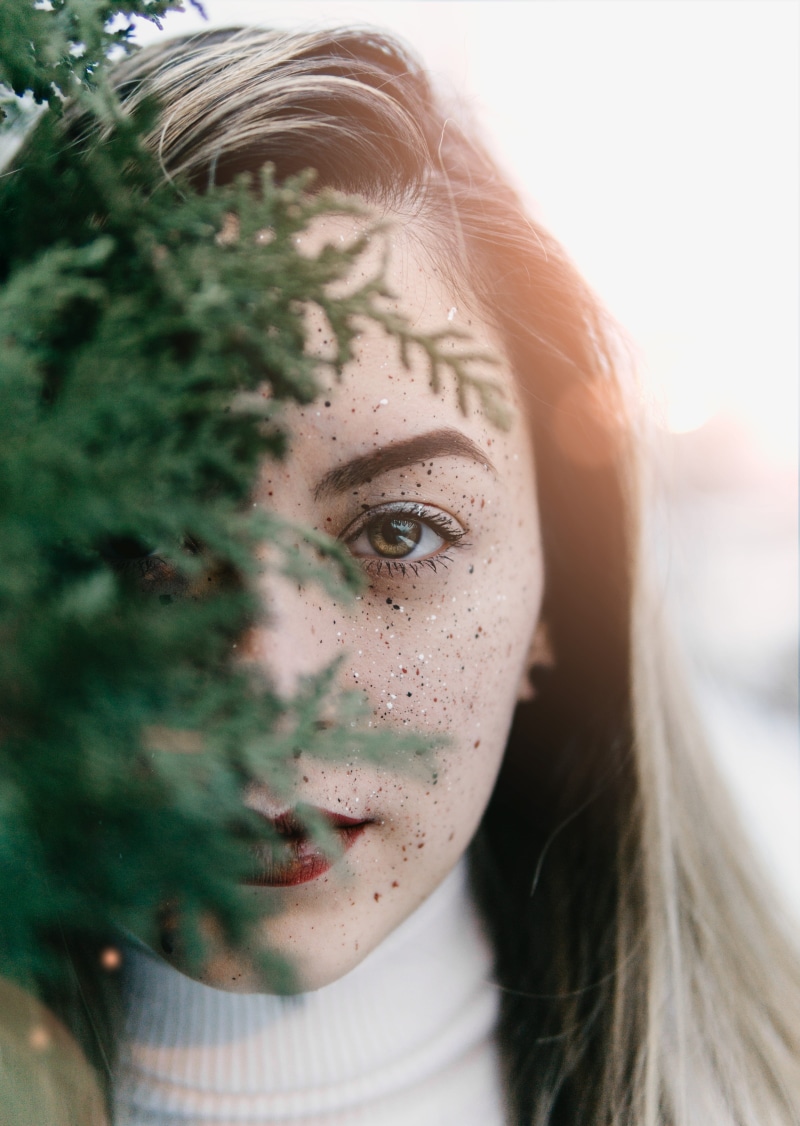 women, attractive, female, freckle, close-up, adult, makeup, beautiful woman, hairstyle, hair, leisure activity, green, focus on foreground, relaxation