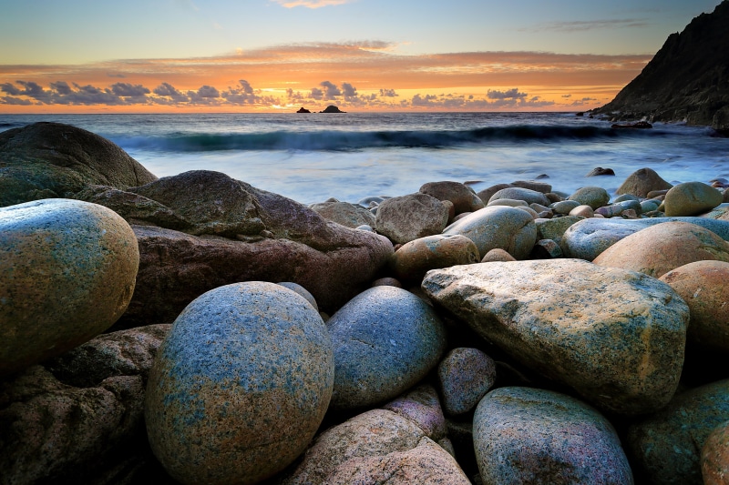 sky, landscape, outdoors, rocks, sea, gray rocks, body, beach, sunset, body of water, coastline, 5K, scenics, St.Just, near, summer, surf, gray, Cove