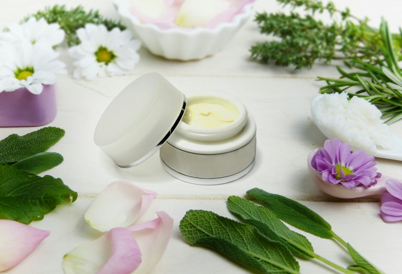 herb, box, cosmetics, care, plate, beauty, plant part, plant, shea butter, still life, self-made, fragrance, sage, cream, petals, table, green color, flower
