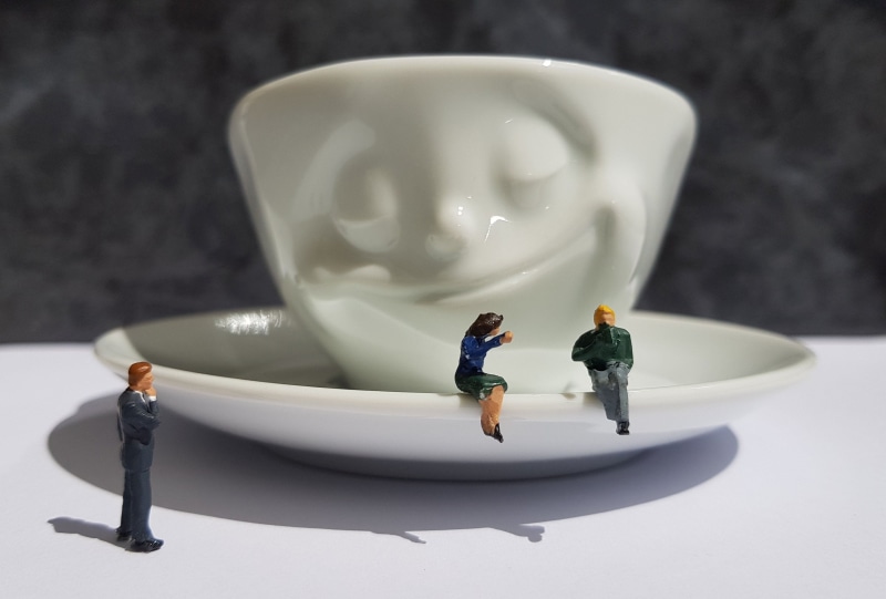 toys, creativity, focus on foreground, miniature figure, flirt, mite, indoors, model construction figure, toy, small, espresso, bird, funny, cup, h0, entertainment