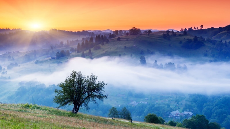 rural, non-urban scene, clouds, fog, outdoor, sky, cloudscape, sunrise - dawn, tranquil scene, trees, grass, 1080P, countryside, travel, season, summer