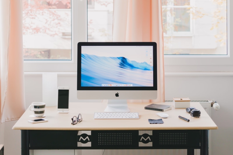computer equipment, home Interior, black, 5K, wooden, laptop, wireless technology, furniture, computer Monitor, business, keyboard, computer, desk, white