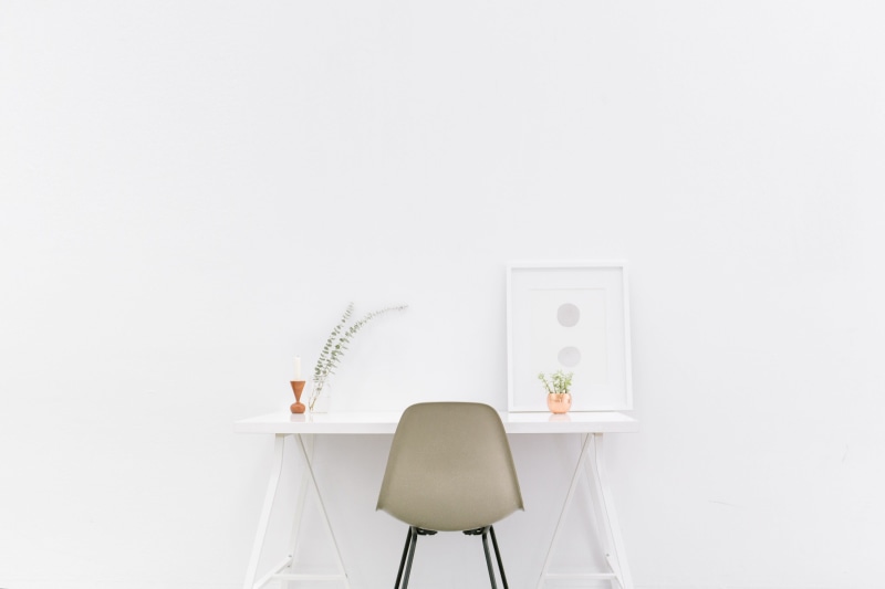 minimalism, furniture, simple, calm, white desk, wooden, 2K, office chair, table, brown, white, group of objects, lighting equipment, lifestyle, desk