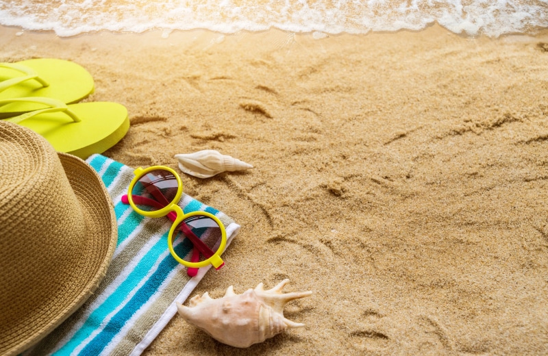 sand, shell, sea, beach, summer, stay, sunglasses, towel, seashell, 4K, hat, glasses, the sun, vacation