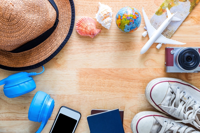 high angle view, vacation, concept, vintage, trip, map, fashion, hipster, hat, drink, household equipment, straw hat, accessories, passport, camera, eyeglasses