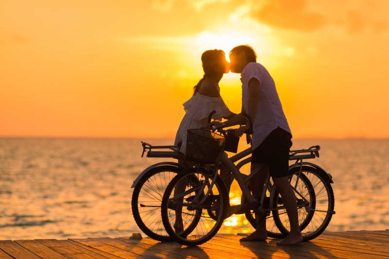 tropical, togetherness, beach, anniversary, white, relation, ocean, horizon over water, bicycle, couple goal, affair, full length, young couple, woman